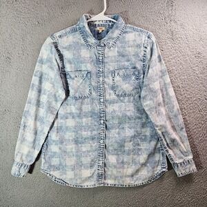 Reba Shirt Top Women Small Button Up Long Sleeve Pattern Blue Denim Look